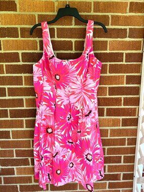 Cappagallo Pink Floral Fit & Flare Dress Size 14 Sleeveless Pockets Cotton Blend